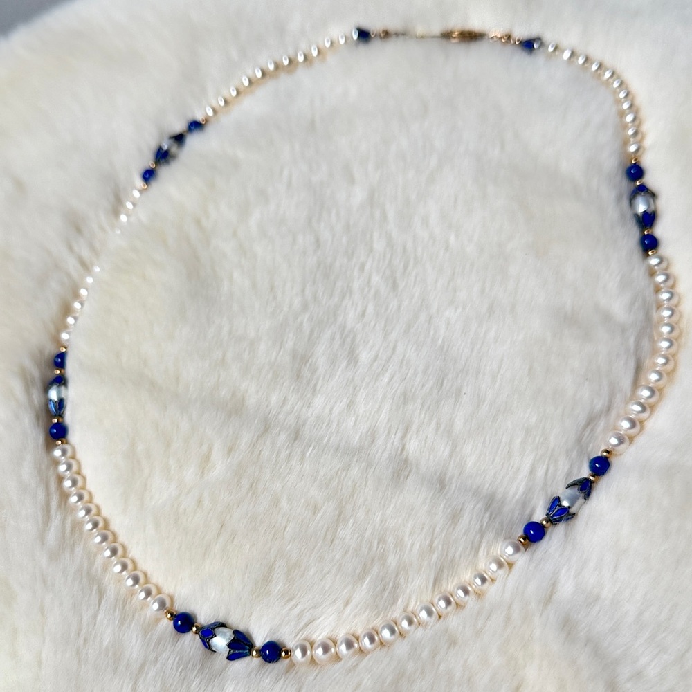 Gold Vintage Fresh Water Pearl & Lapis Lazuli Necklace Unique Rare Find Goddess